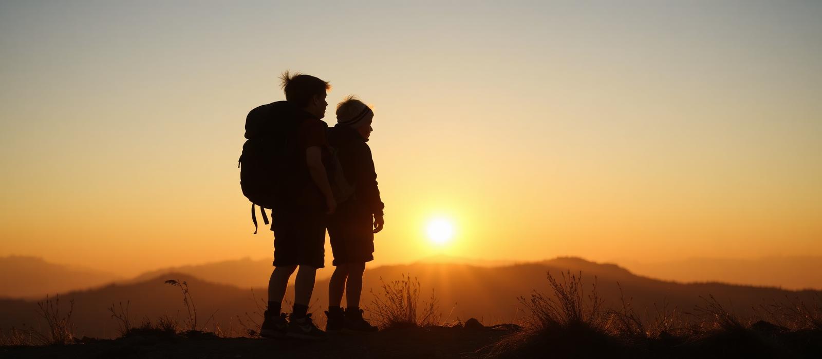 Children hiking at sunrise