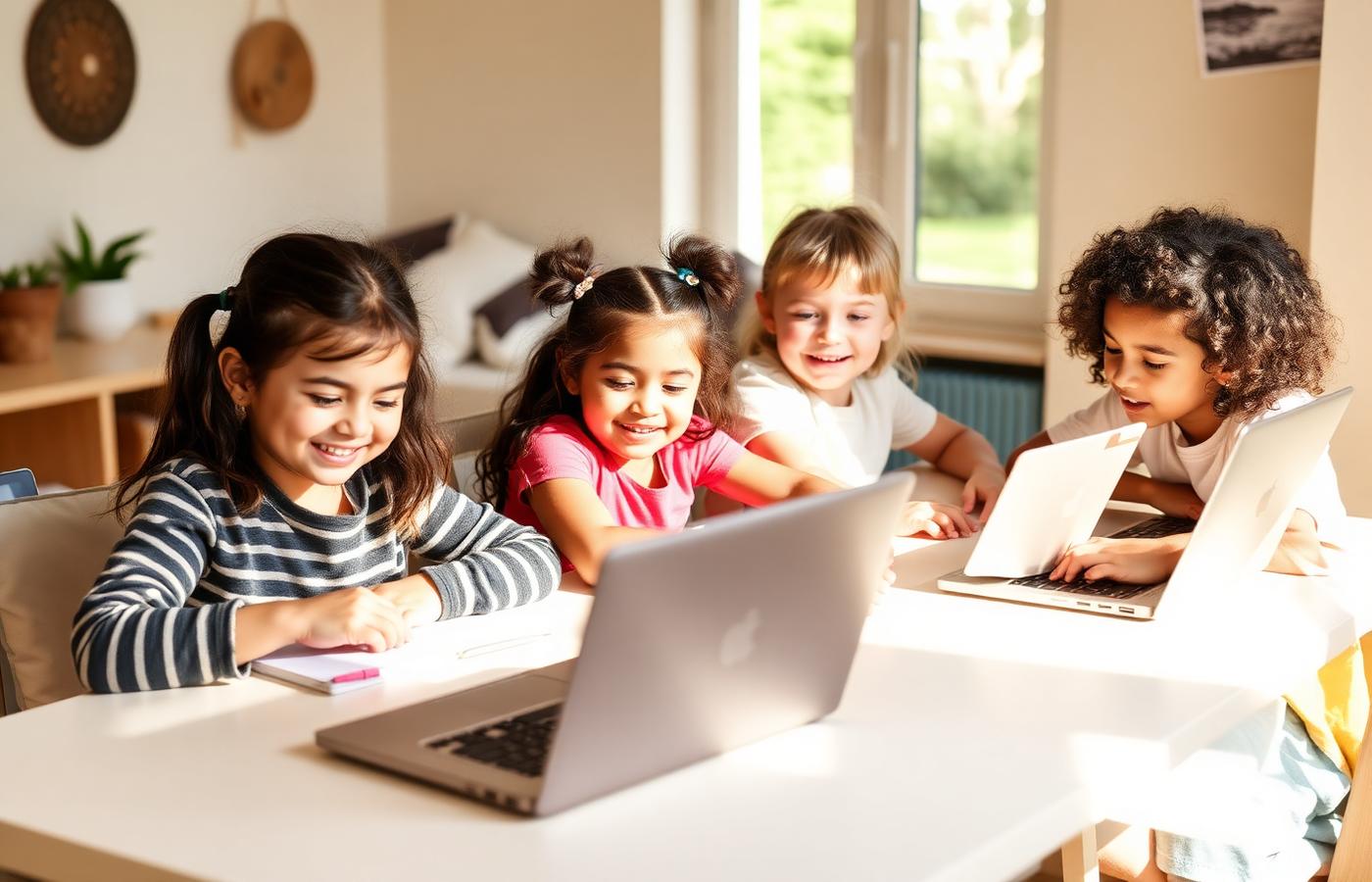 Diverse elementary-age children learning together on laptops at home