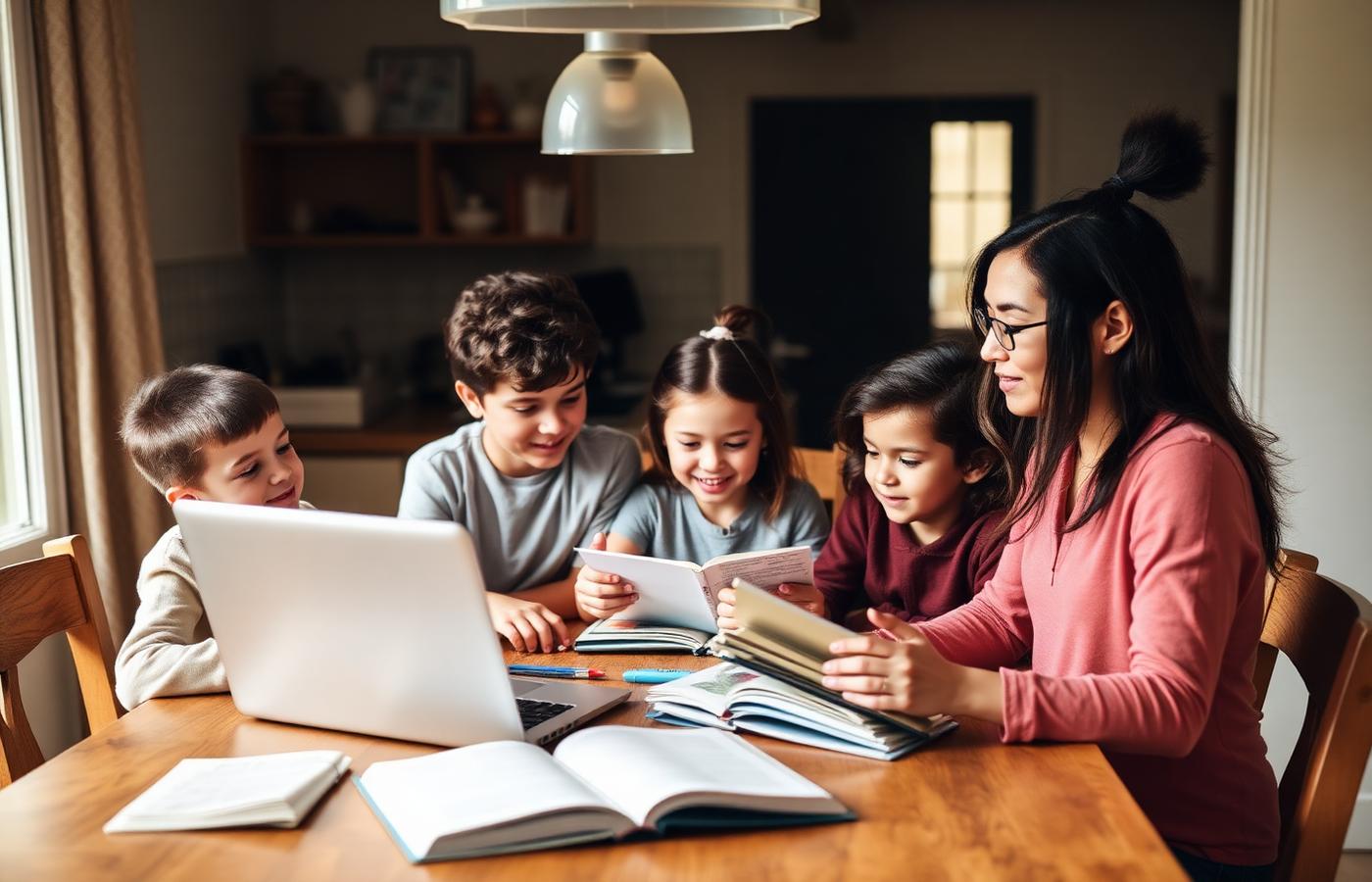 A diverse homeschooling family with children of several ages learning at home
