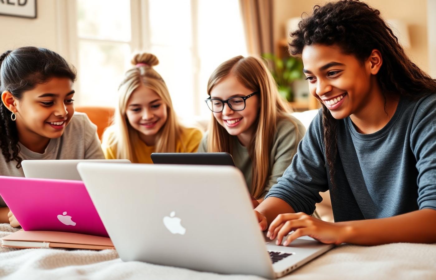 Diverse middle school students studying online with laptops and notebooks