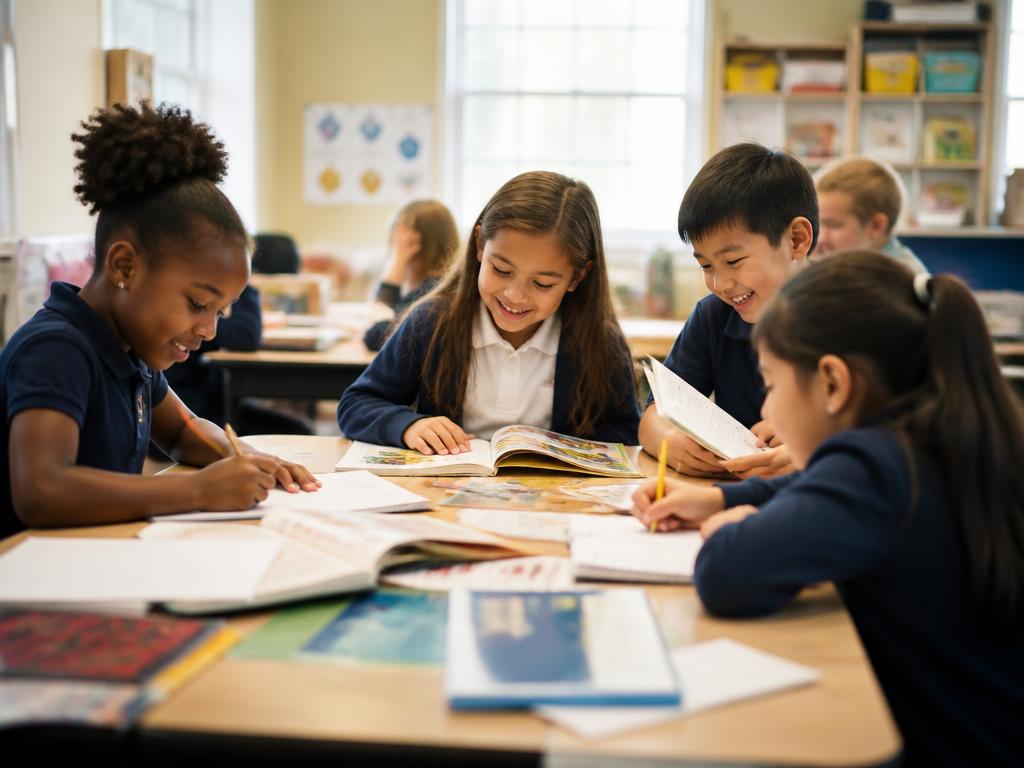 Diverse elementary students reading and writing together at a classroom table