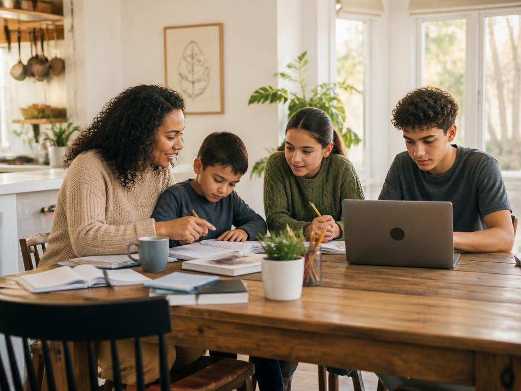 Parent guiding children of different ages through schoolwork at home