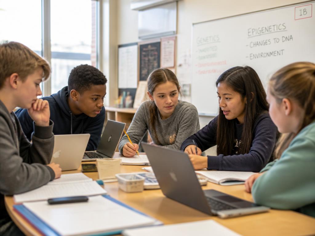 Middle school students collaborating on a science project with laptops